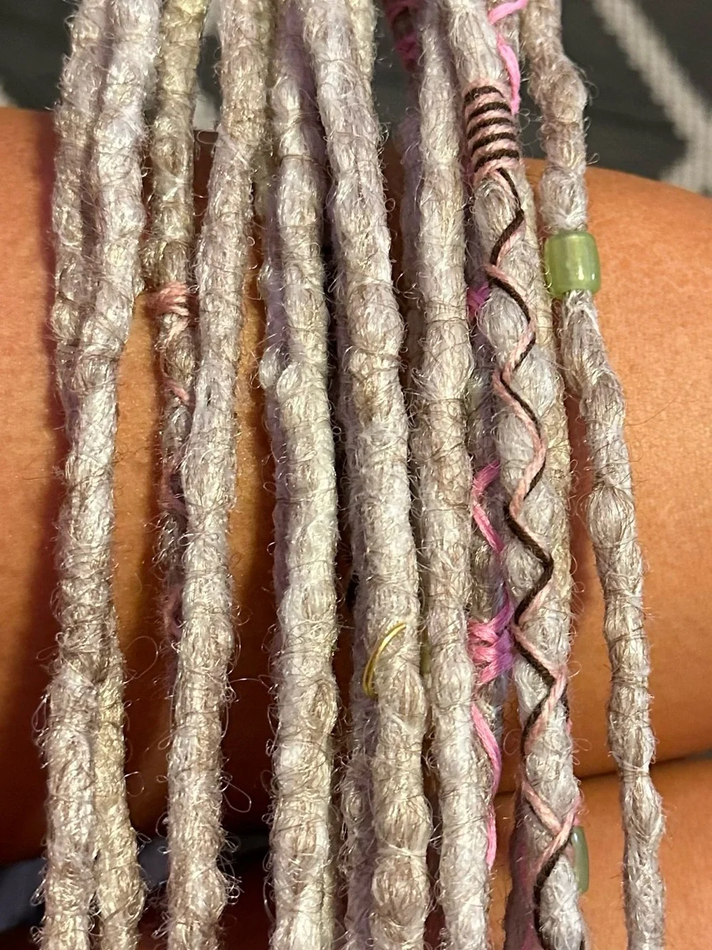 Boho Gray & Pink Synthetic Dreadlock Hair Wraps with Bead Accents